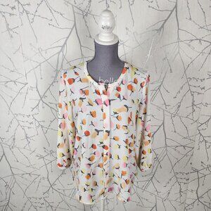 C&E Orange Pink Floral Print Stretch Crepe Button Up Blouse
